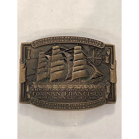 Vintage Express Line Of Clipper Ships San Francisco Brass Belt Buckle - Preowned - Picture 1 of 4